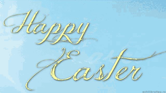a butterfly is flying over easter eggs and the words happy easter are written in gold