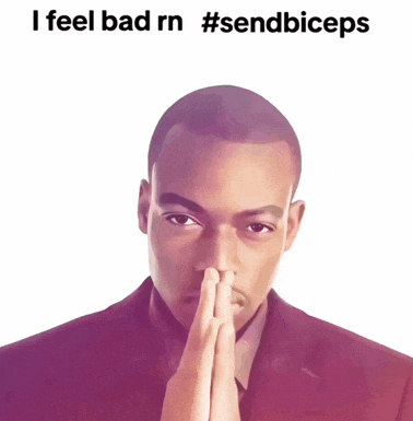 a man in a suit with his hands folded and the words i feel bad rn #sendbiceps above him