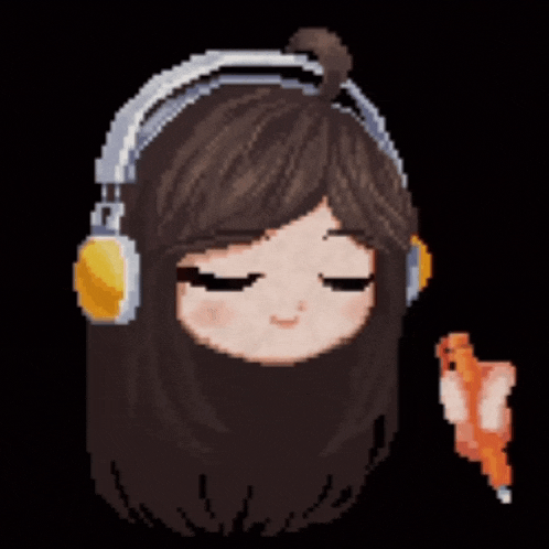 a pixel art of a girl wearing headphones and holding a bird