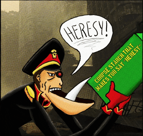 a cartoon of a man reading a book that says heresy on it