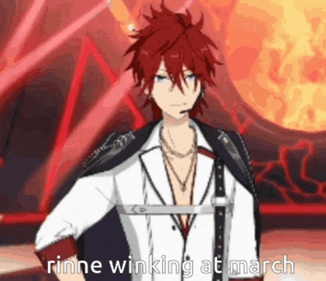 a cartoon of a man with red hair and the words rinne winking at march below him