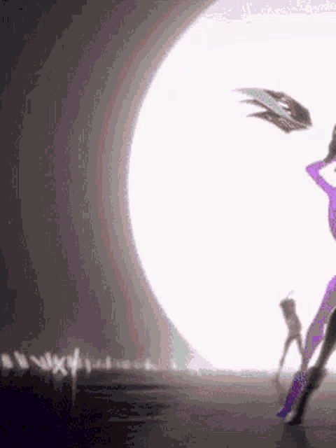 a woman in a purple outfit is dancing in front of a large white moon .