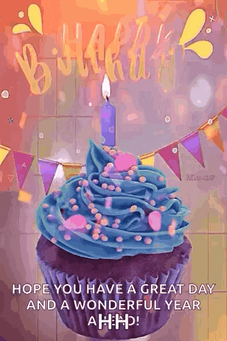a birthday card with a cupcake with blue frosting and a candle on top .