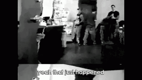 a black and white photo of a group of people with the words yeah that just happened written on the bottom