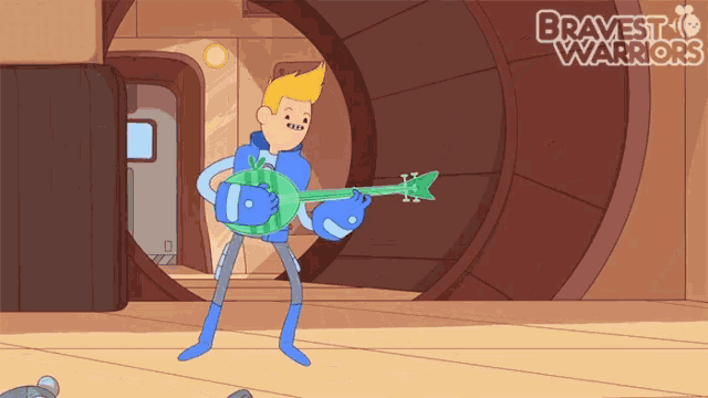 a cartoon of a man playing a guitar with the words bravest warriors in the corner