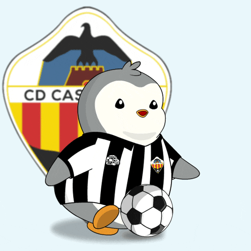 a penguin is holding a soccer ball in front of a crest that says cd cas