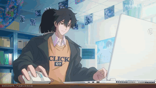 a man wearing a shirt that says click 02 is using a mouse