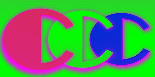 a green background with a pink and blue letter c on it