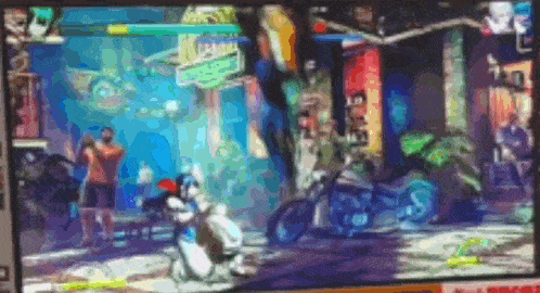 a computer screen shows a cartoon scene with a motorcycle and a sign that says ' arcade '