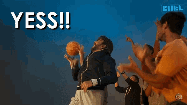 a group of men are dancing in front of a sign that says " yess "