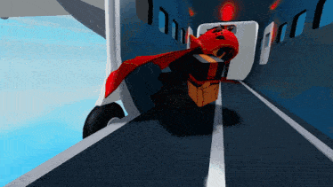 a cartoon character in a red cape is walking down a road in front of an airplane