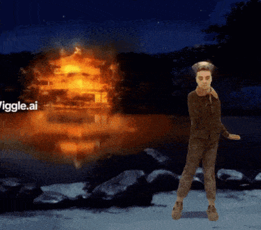 a man is standing in front of a burning house with the words ' iiggle.ai ' on the bottom right