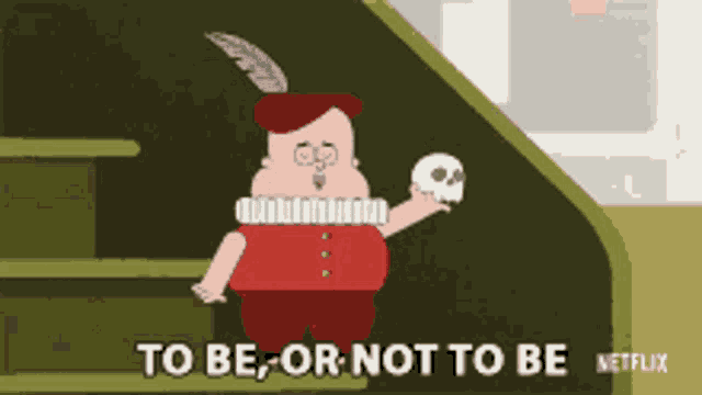 a cartoon of a man holding a skull with the words to be or not to be written below him