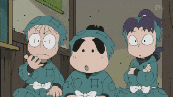 three cartoon characters are sitting next to each other in a room with the letters e on the bottom