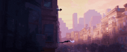 a person is flying through the air in front of a city