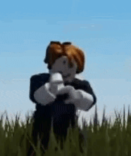 a roblox character is standing in a grassy field holding a gun .
