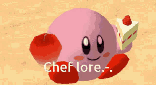 a kirby holding a cupcake and a piece of cake says cheflore