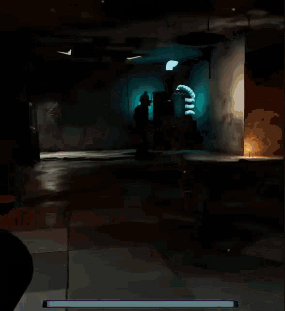 a video game character is standing in a dark room with televisions on the wall