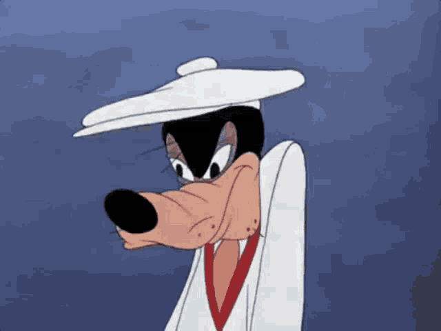 a cartoon character wearing a hat and a white coat