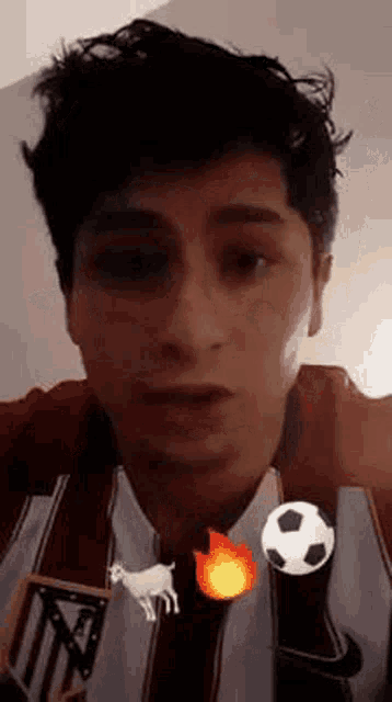 a young man wearing a striped shirt with a soccer ball and a goat on it is looking at the camera .