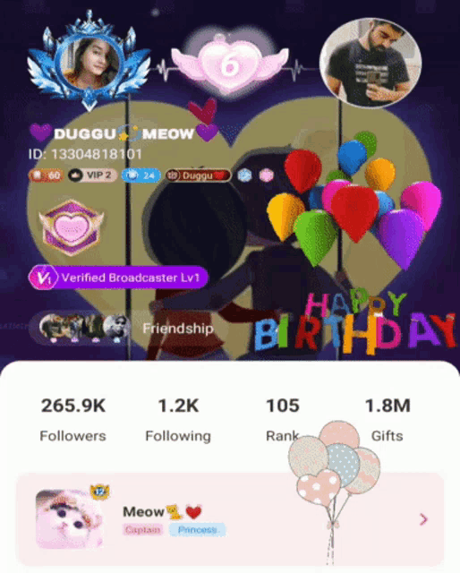a screenshot of a person 's profile with balloons and a birthday message