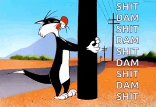 a cartoon cat is standing next to a pole and says shit dam shit dam shit dam shit dam shit dam shit