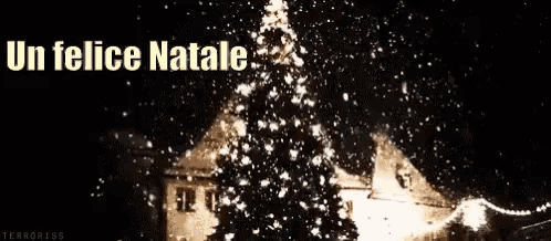 a christmas tree in front of a house with the words un felice natale below it