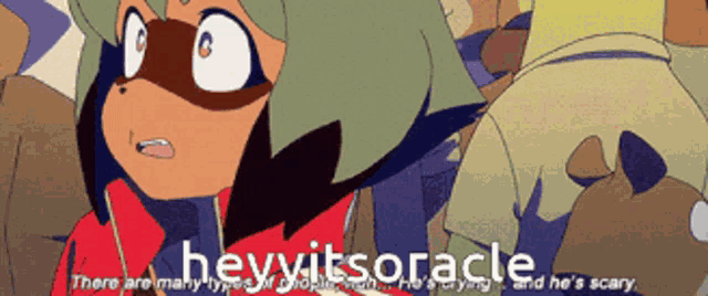 a cartoon character with the words heyvitsoracle written on it