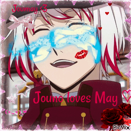 a picture of a anime character with the words " jouno loves may " on it