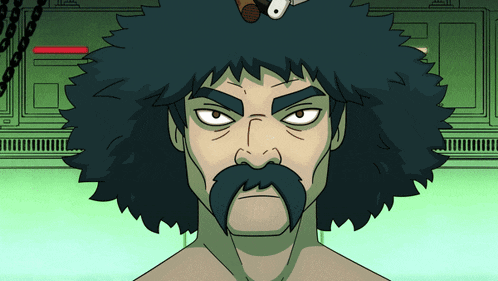 a cartoon drawing of a man with a mustache and a large afro