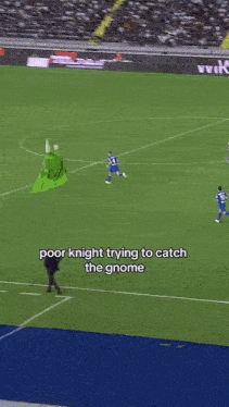 a soccer player is trying to catch a gnome on the field