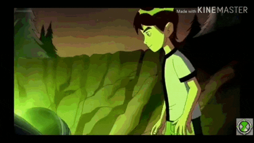 ben 10 from ben 10 is standing next to a green object in a cartoon .