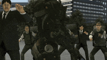 a man in a suit is holding a hammer in front of a group of men in suits