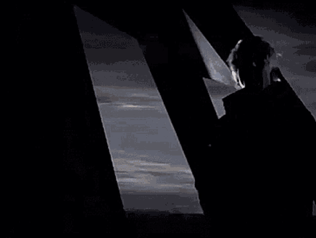 a man in a black coat is standing in the dark in front of a window .