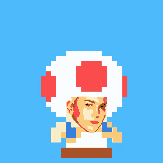 a pixel art of a man with a mushroom hat on