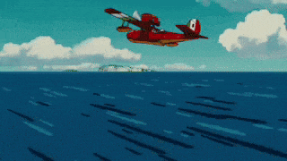 a red airplane with the number 4 on the side is flying over the ocean