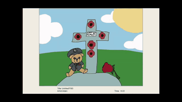 a drawing of a teddy bear sitting in front of a cross that says " remembrance "