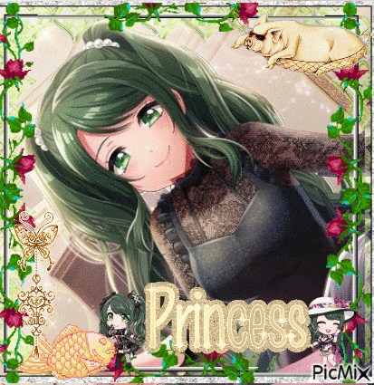 a picture of a girl with green hair and the word princess at the bottom