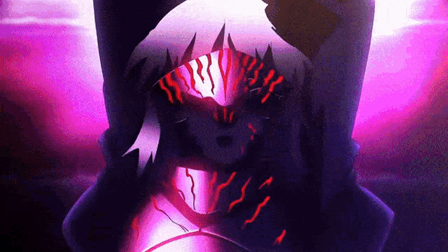 a close up of a person 's face with red eyes and a purple background
