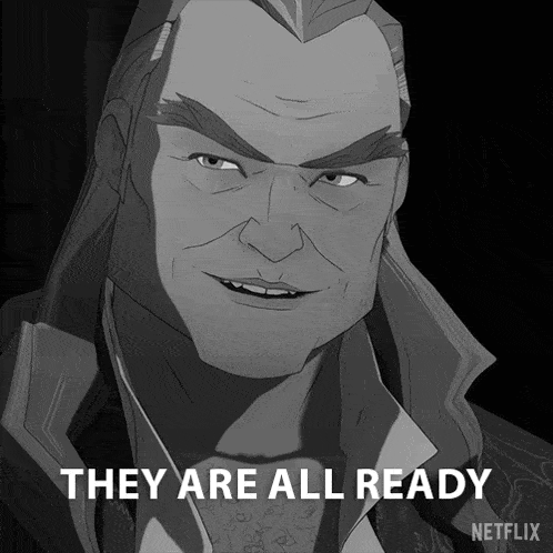 a black and white cartoon of a man with the words " they are all ready " above him
