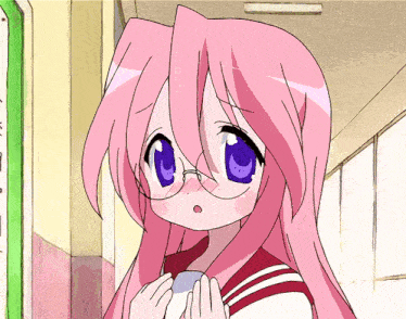 a cartoon girl with pink hair and glasses looks surprised