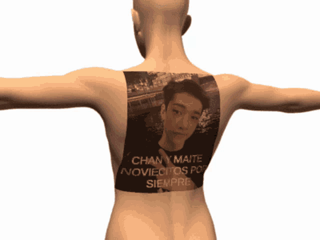 a man has a tattoo on his back that says chan y maite loviecitos por siempre