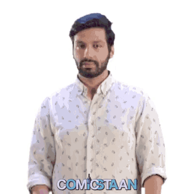a man with a beard is standing in front of a sign that says gf ! comicstaan