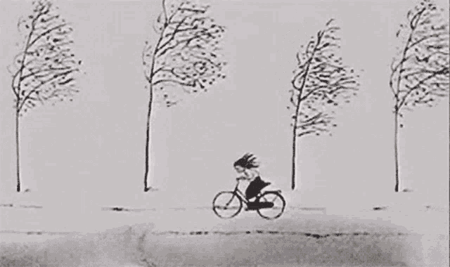 a black and white drawing of a person riding a bicycle in front of trees .