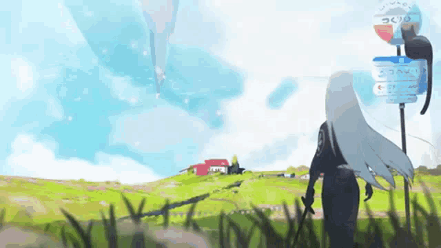 a cartoon drawing of a woman standing in a field with a sign that says ' a ' on it