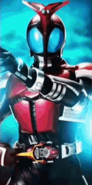 a man in a masked rider costume is holding a sword and a belt .
