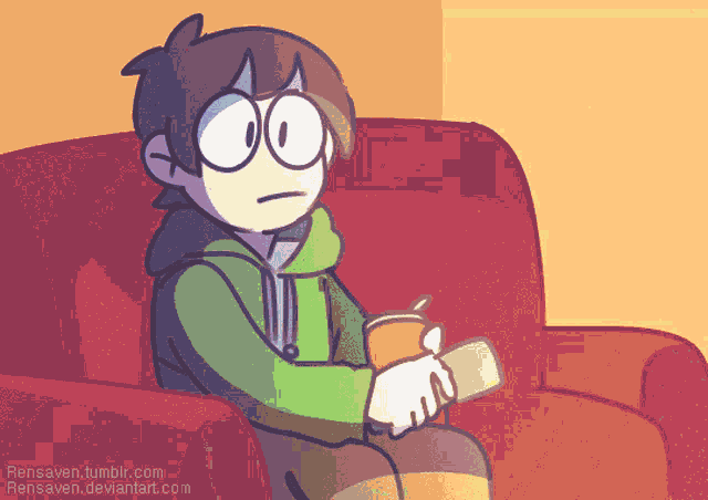 a cartoon of a boy sitting on a couch holding a remote control
