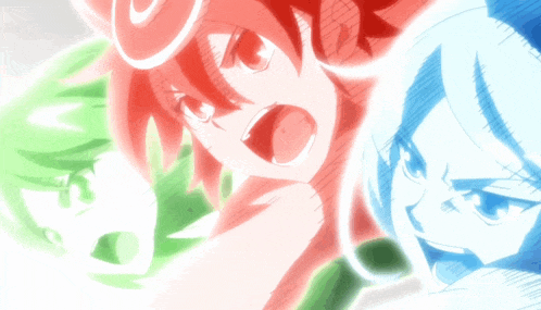 a drawing of a girl with red hair and green hair and a girl with blue hair