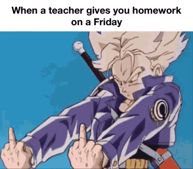 when a teacher gives you homework on a friday , a cartoon character is giving the middle finger .