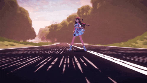 a girl in a blue dress is holding a gun on the side of the road